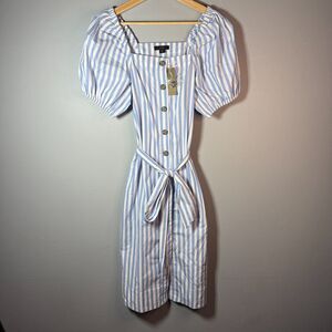 J. Crew Women's Cottage Midi Dress Stripe Blue White Puff Sleeves Size XXS